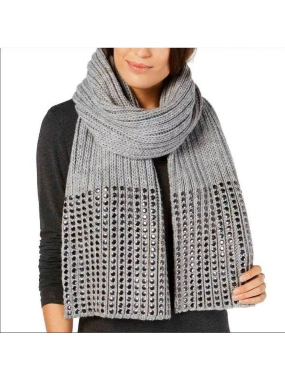 DKNY Flat-Stud Metallic Rib-Knit Scarf, Silver 14" x 82
